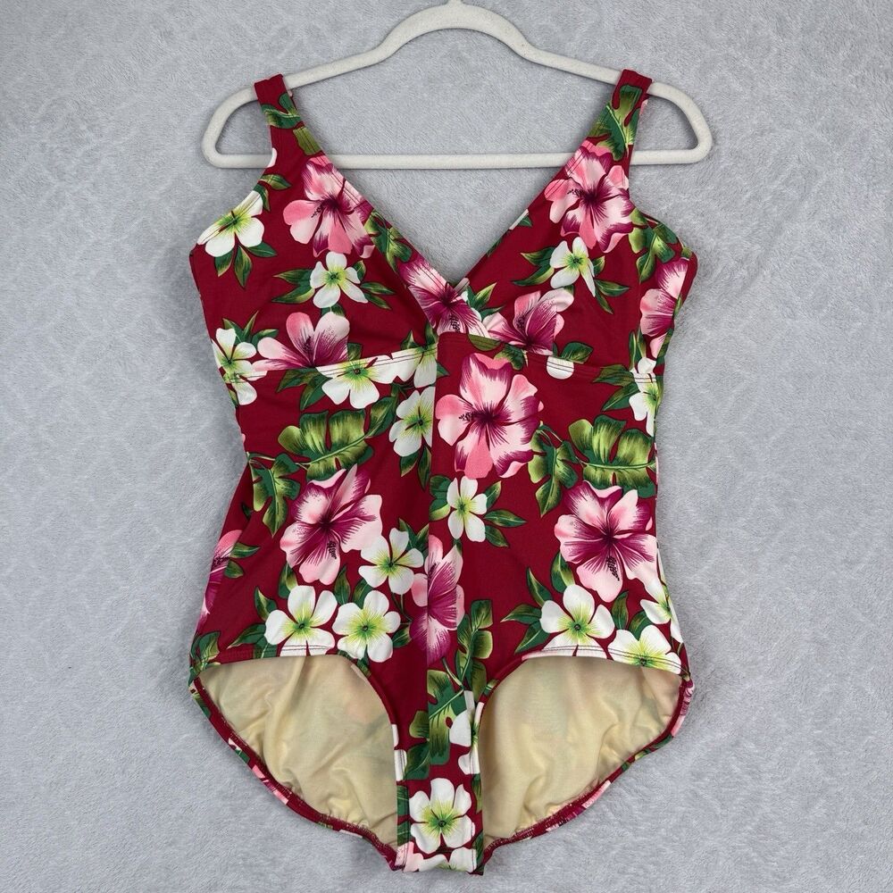 Lands End One-Piece Swimsuit Womens 18W Red Floral Hawaiian Vacation Flattering